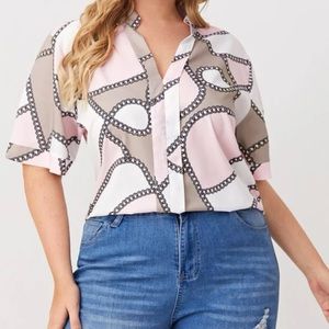 NWOT Pink & White Notch Neck Chain Print Blouse
